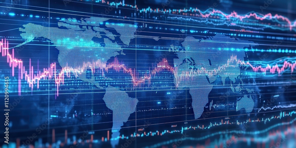 Poster digital background featuring market charts and data visualizations with world map for stock analysis