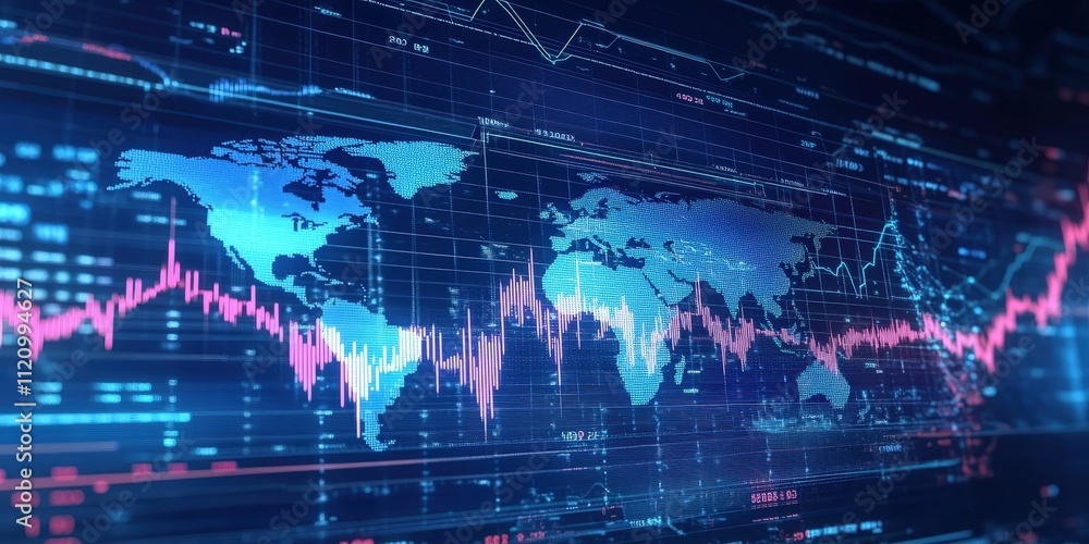 Poster illuminated digital map background featuring advanced data analytics and global information visualiz