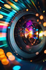 A close-up of a camera lens surrounded by vibrant light trails.