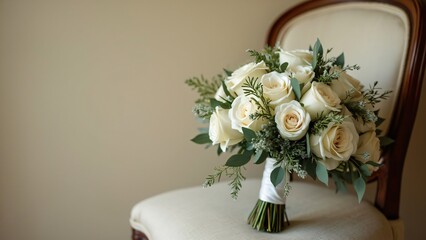 Elegant White Rose Bridal Bouquet on Antique Chair, Close-Up Wedding Floral Photography