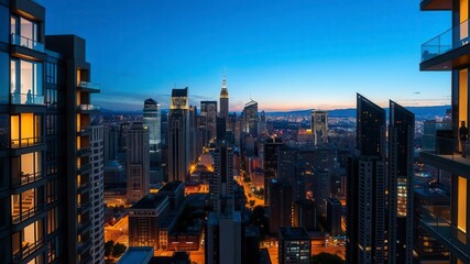 A modern, luxurious apartment illuminated among a sea of condos, property, cityscape