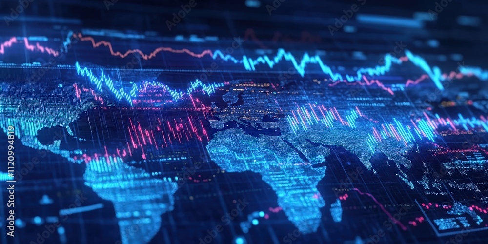 Poster high-tech digital background featuring stock market charts and data visualization for financial anal