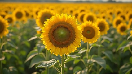 Obraz premium Stunning Field of Sunflowers at Sunset, Vibrant Yellow Blooms in a Lush Green Field, Full Shot Stock Photo