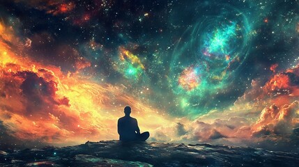 a man sitting on a rock in front of a colorful sky