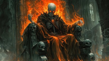 Fototapeta premium A skeletal figure on a throne surrounded by flames 