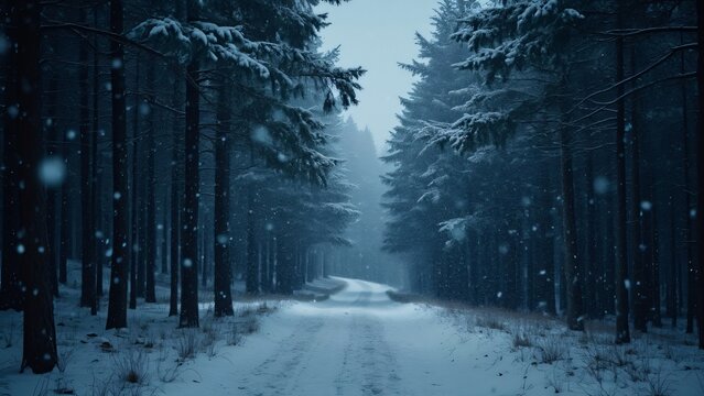 Enchanted Snowy Forest Path, A Cinematic Winter Night Scene