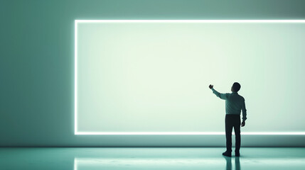 Man presenting on clear digital frame against green wall, interactive display concept.