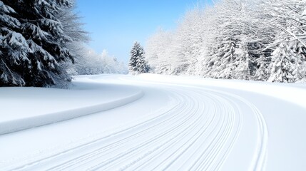 Obraz premium Snow-covered landscape with ski tracks winding through trees.