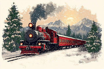 Design for greeting card with Festive Christmas Train in trendy retro groovy style.