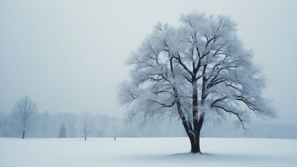 Majestic Snow-Covered Tree in a Foggy Winter Field, Serene Landscape Photography