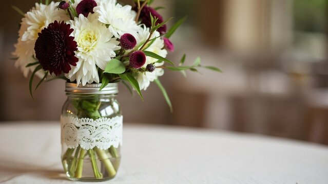 Elegant Wedding Flower Arrangement, White & Burgundy Blooms in Mason Jar with Lace