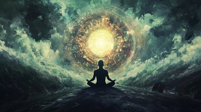 a person sitting in a lotus position in front of a sky filled with clouds