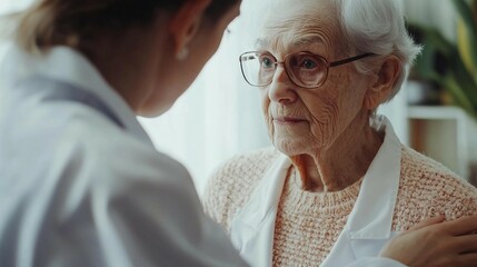 a woman in a white coat is talking to an older woman