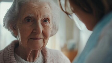 an older woman is talking to a younger woman