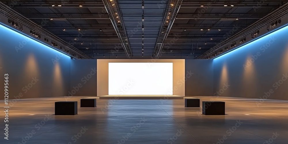 Poster spacious exhibition hall with open ceiling and minimalist design featuring bright lighting and empty