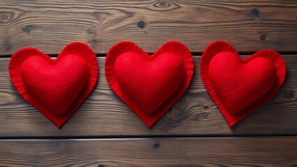 Fototapeta premium Three Red Felt Hearts on Rustic Wooden Background, Valentine's Day Flat Lay Photography