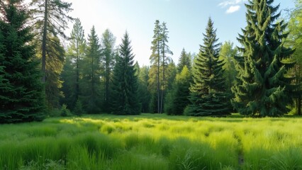 Serene Summer Meadow Landscape, Tall Pine and Spruce Trees near Almetyevsk, Tatarstan