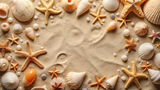 Summer Beach Vacation, Seashells, Starfish, and Pearls on Sandy Beach Background - Top View High-Resolution Image