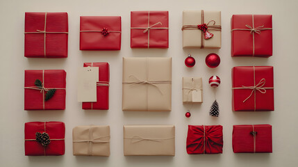 Flatlay of assorted Christmas presents wrapped in red and kraft paper, tied with twine, decorated with ornaments and pine cones. Festive holiday gift-giving concept.