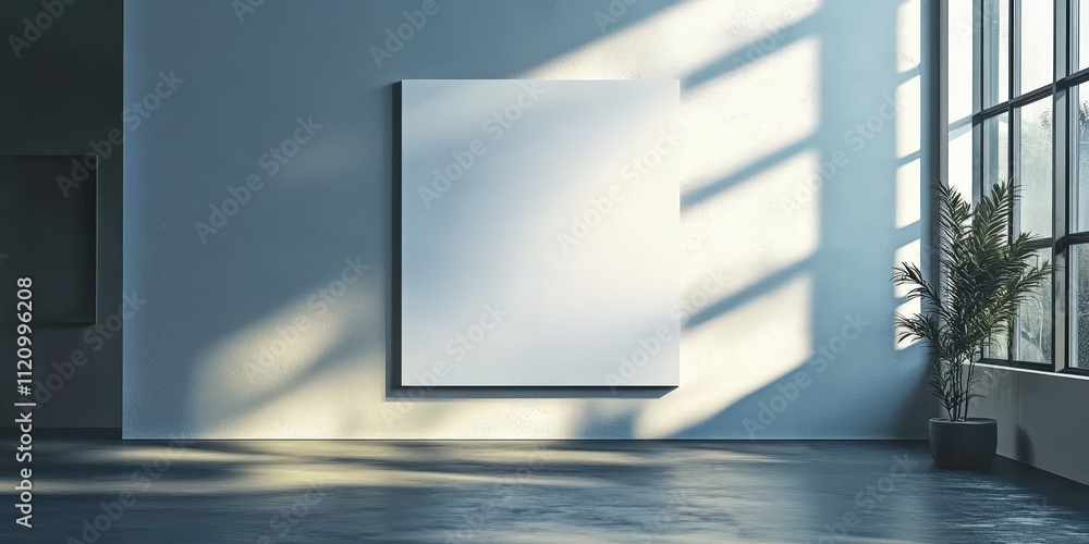 Poster minimalistic mockup of an empty white poster on a wall with natural light streaming through large wi