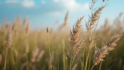 Fototapeta premium Close-up of Golden Grasses Against a Soft Blue Sky, Serene Nature Photography