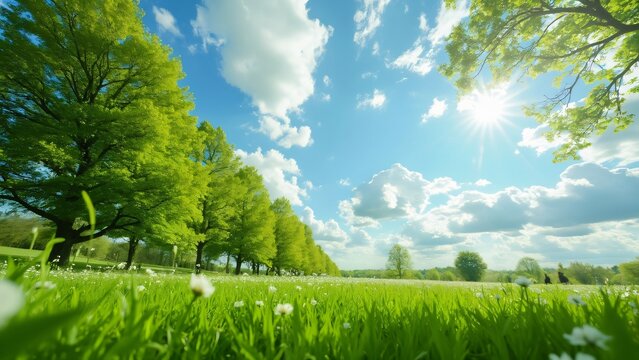 Springtime Meadow, Lush Green Field, Bright Sky, and Picturesque Trees