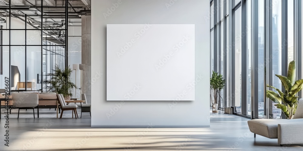 Poster minimalist setup of an empty white canvas on a wall in a modern office space with natural light and 
