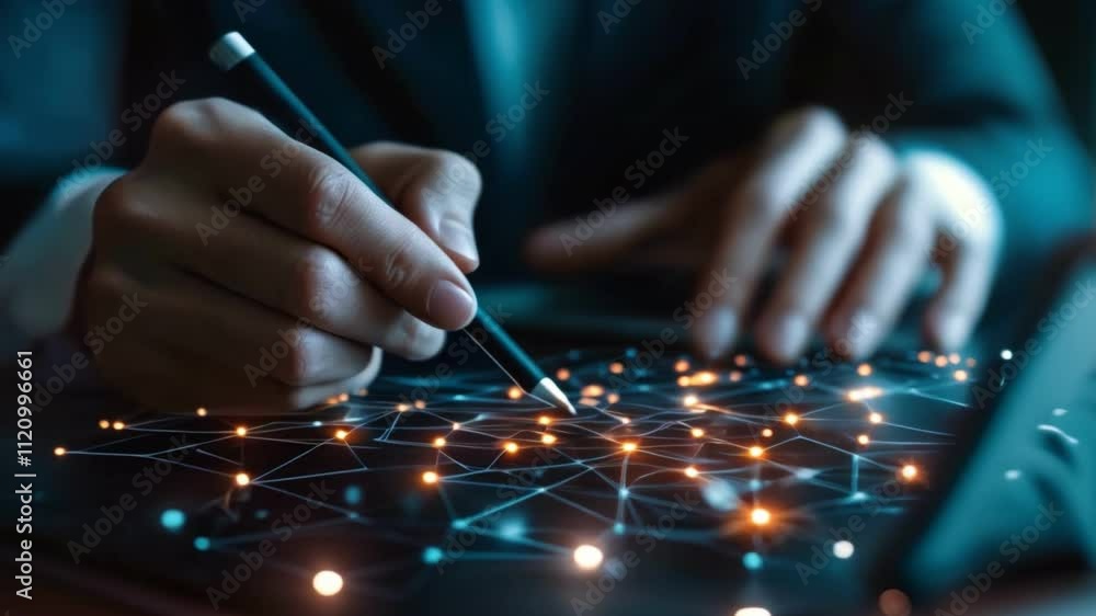 Poster a hand using a stylus on a digital tablet with glowing connections, representing innovation and digi