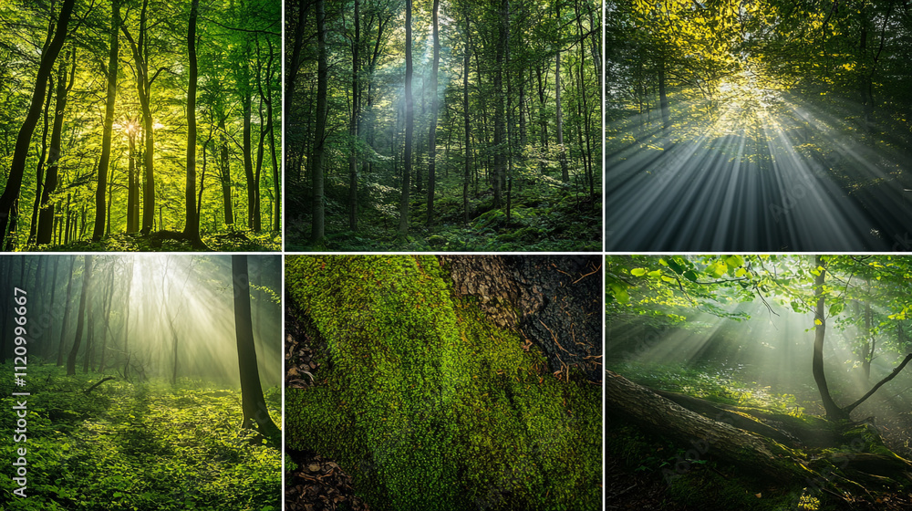 Poster sunlight filters through lush green trees in a serene forest setting during daytime hours