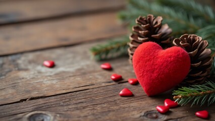Romantic Valentine's Day Still Life, Red Heart, Pine Cones, Wooden Background