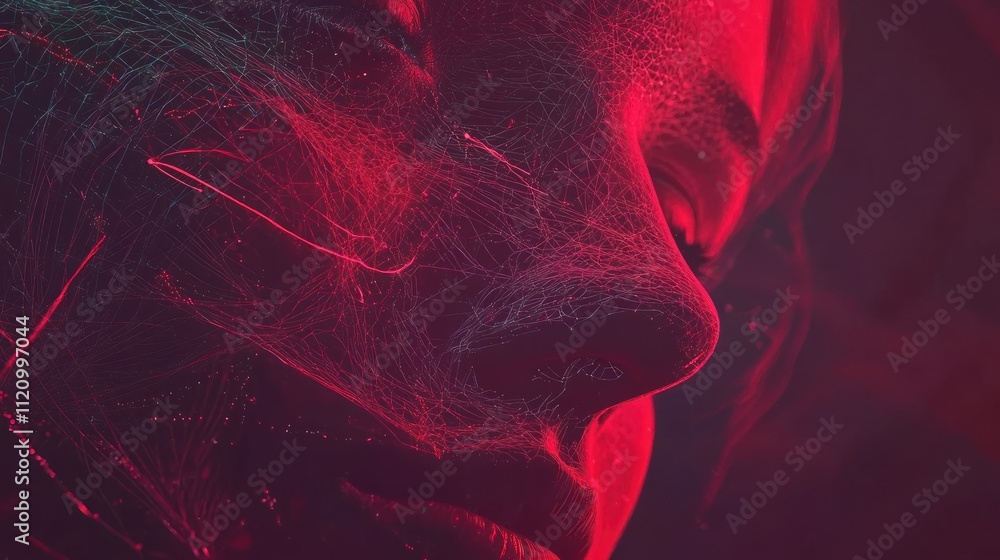 Poster a digital art piece featuring a close-up of a face with abstract, glowing lines and textures.