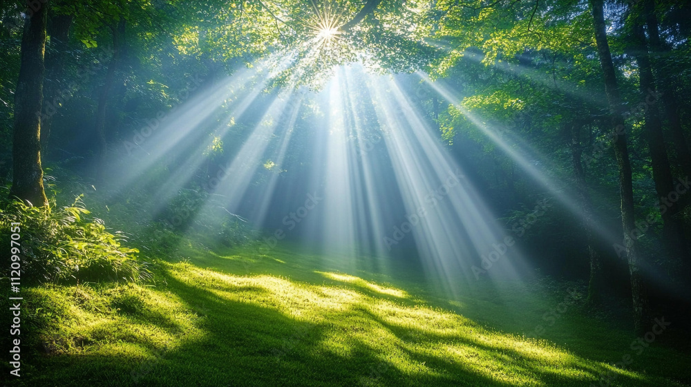 Poster Sunlight filters through trees in a serene forest during early morning hours