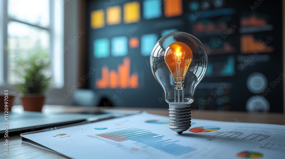 Poster a glowing light bulb rests atop a document filled with colorful charts and graphs, symbolizing the s