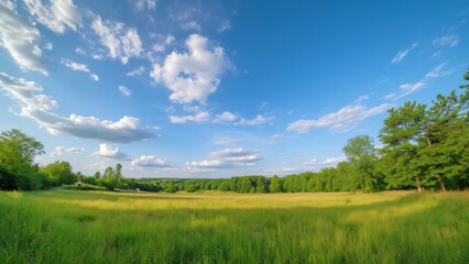 Fototapeta premium Stunning Swedish Meadow Landscape, Wide Angle View of Summer Countryside, Blue Sky, Green Grass, and Lush Trees