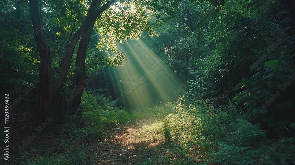 Aufkleber sunlight filters through trees in a serene forest setting during the early morning hours