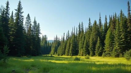 Serene Alberta Meadow Landscape, Lush Green Grass, Towering Pine Trees, and Clear Blue Sky