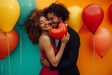 Young couple wearing elegant, woman in red dress, man in suit, holding heart shaped balloons embracing and smiling.  Studio shot, red background