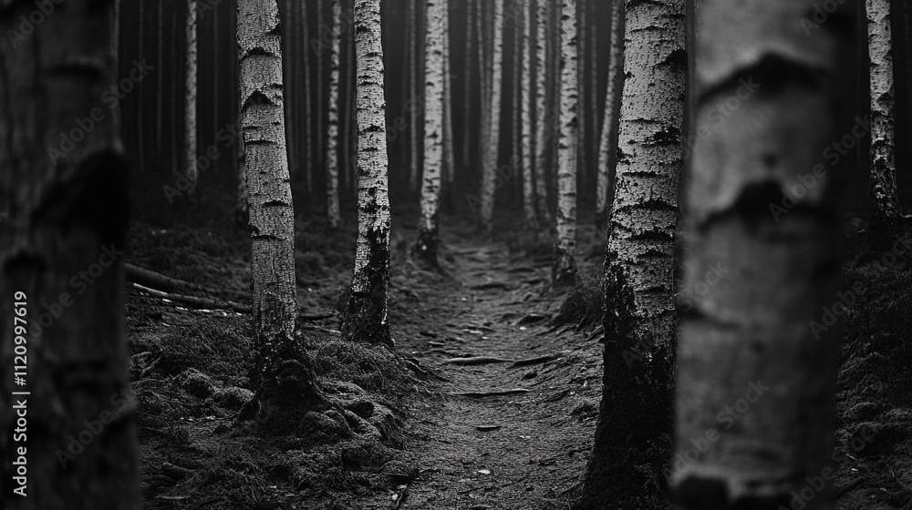 Poster mysterious forest path surrounded by tall birch trees in monochrome