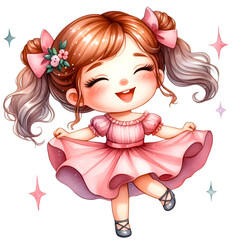 Fototapeta premium Watercolor Clipart of cute and Happy Dancing Girl, isolated on a white background. Beautiful clipart background