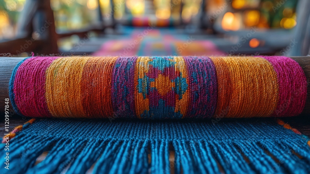 Aufkleber vibrant handwoven textile displaying intricate patterns and rich colors in a warm setting, perfect f