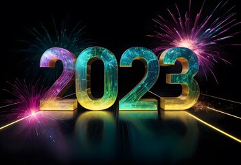 Futuristic glowing '2023' with prismatic holographic text and a vibrant burst of colorful light resembling fireworks
