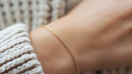 Delicate gold chain bracelet on wrist. Ideal for jewelry, fashion, and beauty websites.