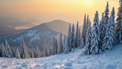 Obraz premium Breathtaking Sunset Over Snow-Covered Carpathian Mountains, Majestic Winter Landscape with Icy Trees and Pristine Snow