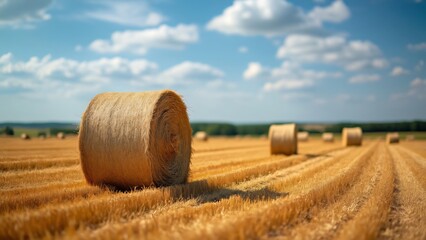 Golden Hay Bales in a Vast Field under a Blue Sky, Rural Landscape Photography