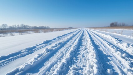 Serene Winter Landscape, Snow-Covered Field with Vehicle Tracks Leading to Horizon