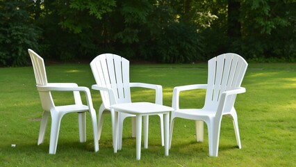 White Plastic Chairs and Table on Green Grass in a Garden Setting