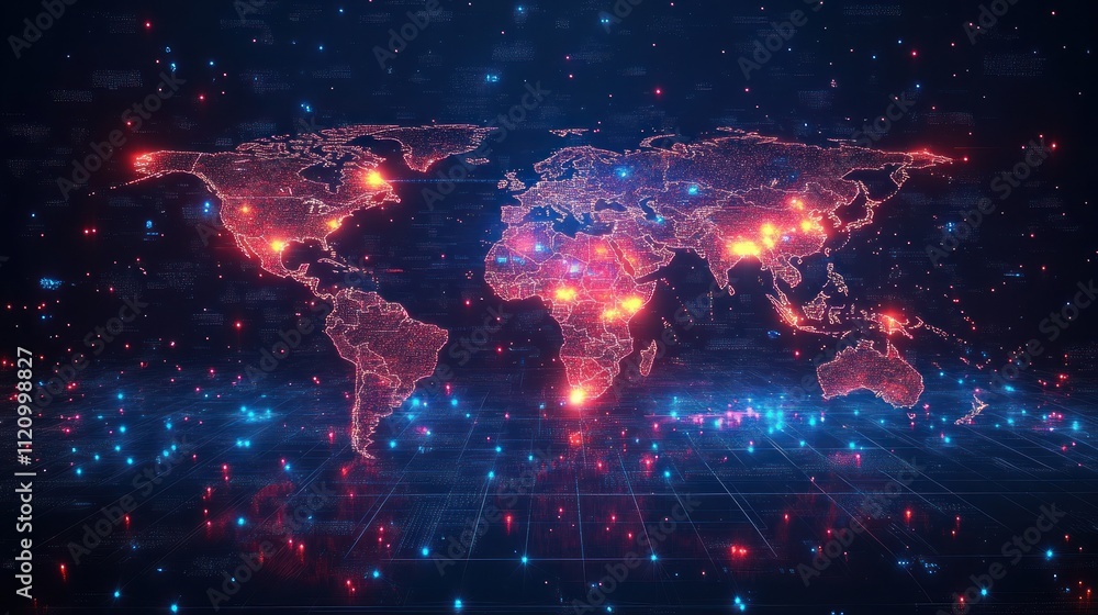 Poster digital world map with glowing data points and connections