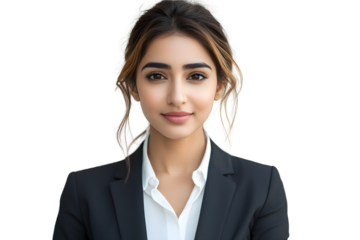 Headshot closeup portrait of businesswoman isolated on transparent or white background, png