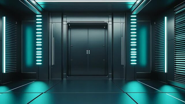 Futuristic metallic elevator interior with glowing blue lights in a sleek environment