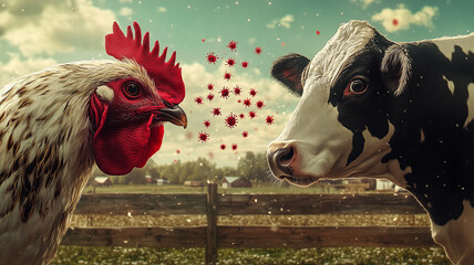 H5N1 avian influenza impact on livestock shown with chicken and cow interaction
